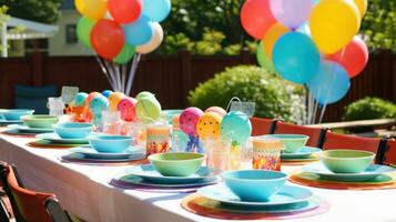 ai generado festivo mesa ajuste con vistoso platos, y globos, Listo para un divertido y animado cumpleaños fiesta foto