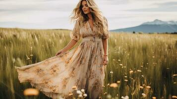 AI generated a woman wearing a flowing maxi dress, standing in a field of wildflowers photo