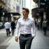 AI generated man wearing a crisp white shirt and tailored black pants, walking confidently down a busy street photo