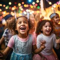 ai generado divertido y juguetón foto de niños bailando y canto a lo largo a su favorito fiesta melodías