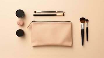 AI generated makeup pouch with carefully arranged products, showcasing the essentials for daily routine or travel photo