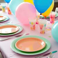 AI generated festive table setting with colorful plates, and balloons, ready for a fun and lively birthday party photo