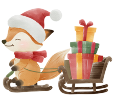 acuarela bosque animales ilustración mano dibujado zorro con un Navidad trineo lleno con regalos regalos Navidad decoración, imprimible, guardería, saludo tarjetas, fiesta decoración y linda salvaje animal. png