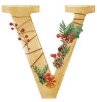 aquarelle or Noël hiver forêt floral alphabet avec cloche, pin, saint baie, des bois botanique floral des lettres ensemble élément pour bébé douche inviter, mariage monogramme initiales png