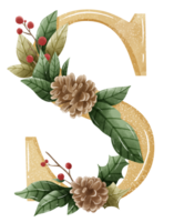 acuarela oro Navidad invierno bosque floral alfabeto con campana, pino, santo baya, bosque botánico floral letras conjunto elemento para bebé ducha invitar, Boda monograma iniciales png