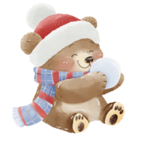 aguarela ilustração com Preto Urso e Natal árvore. inverno estética, uma Urso dentro fantasia, santa chapéu, lenço, bola de neve. feriado decoração e fofa selvagem animal. png