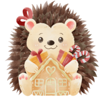 Watercolor woodland animals illustration hand drawn hedgehog with a gingerbread house christmas deco, printable, nursery, greeting cards, Holiday decoration and cute wild animal. png