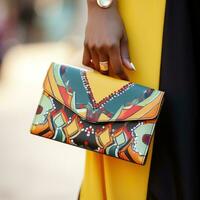 AI generated a woman's hand holding a trendy clutch bag with a bold print photo