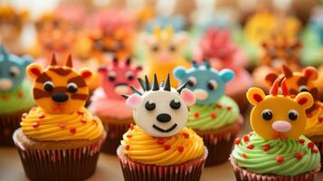 AI generated A close-up of cute animal-shaped cupcakes decorated in vibrant colors photo