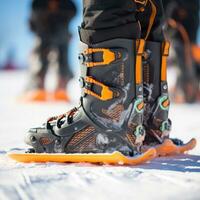 AI generated A close-up of a snowboarder's feet strapped into their board photo