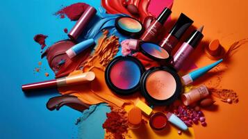 AI generated A creative image of makeup products scattered on a colorful background photo