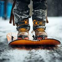 AI generated A close-up of a snowboarder's feet strapped into their board photo