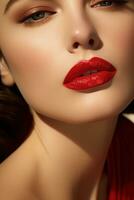 AI generated A close-up of a woman's face with perfectly applied red lipstick. photo