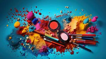 ai generado un creativo imagen de maquillaje productos dispersado en un vistoso antecedentes foto