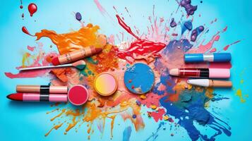 AI generated A creative image of makeup products scattered on a colorful background photo