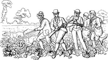 Group of Men Hunting vintage illustration. vector