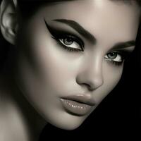 AI generated A black and white image of a model's face with a dramatic winged eyeliner and long lashes photo