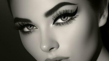 AI generated A black and white image of a model's face with a dramatic winged eyeliner and long lashes photo