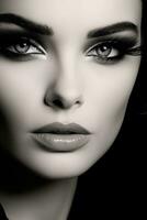 AI generated A black and white image of a model's face with a dramatic winged eyeliner and long lashes photo