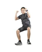 sport man happiness emotion jumping and floating mid air isolated white background photo