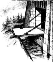 Draw Bridge, wooden bridge,  vintage engraving. vector