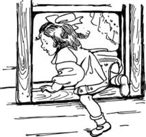 Girl Leaving Through Window, vintage illustration vector