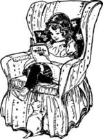 Girl Reading Book in Chair, study,  vintage engraving. vector