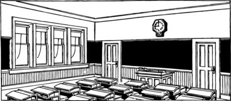 salón de clases lleno con escritorios o colegio edificio, Clásico grabado. vector