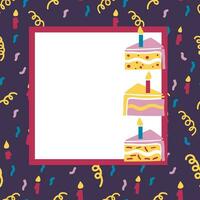 Frame template with pieces of cake for birthday. Colorful hand drawn confetti and candles on dark background. Square composition. Good for social media, background, post, greeting card. vector