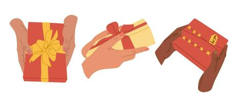 Hand drawn flat different color hands with gift boxes. Different color skin hands giving presents on holiday. Christmas, Valentines, birthday concept compositions. Ideal for sticker, printout, pattern vector