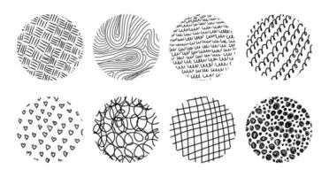 Set of abstract texture or background in round shape. Curves, crossed lines, scribbles, hearts, lines and circles. Contemporary trendy illustration or icon templates vector