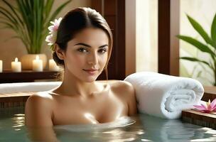 AI generated beautiful woman undergoing Therapy and bathing treatment in spa studio photo