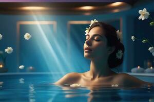 AI generated beautiful woman undergoing Therapy and bathing treatment in spa studio photo