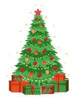 Navidad árbol con estrella, luces, decoración bolas, lámparas y cajas con regalos. alegre Navidad y un contento nuevo año. vector ilustración.