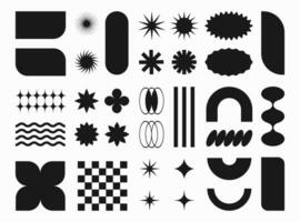 Abstact y2k shapes, retro geometric figures and forms, stickers and badges, stars, wavy lines. Vector illustration, set of decorative design elements.