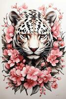 ai generado increíble tatuaje estilo realista jaguar con japonés Cereza florecer Arte foto