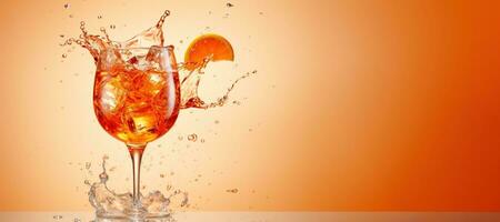 AI generated Generative AI, glass of Aperol Spritz on neutral background with splashes, copy space for advertising photo