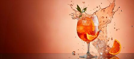 AI generated Generative AI, glass of Aperol Spritz on neutral background with splashes, copy space for advertising photo