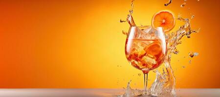 AI generated Generative AI, glass of Aperol Spritz on neutral background with splashes, copy space for advertising photo