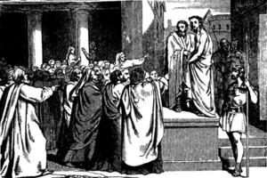 Pilato trae Jesús antes de el personas Clásico ilustración. vector