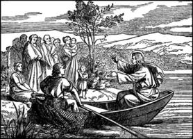 Jesus Teaches the Multitude on the Shore While He Sits in a Boat vintage illustration. vector