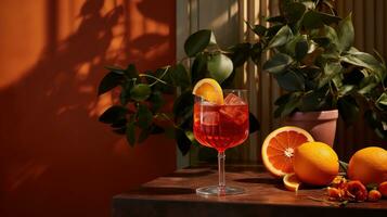 AI generated Generative AI, glass of Aperol Spritz on wooden table with sun lights and shadows, aesthetic muted colors photo
