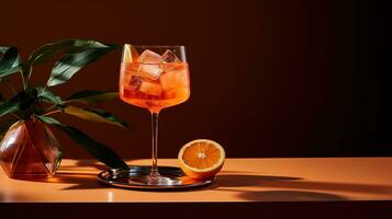 AI generated Generative AI, glass of Aperol Spritz cocktail on wooden table with sun lights and shadows, aesthetic still life photo