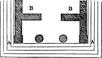 Antae sidewalls of a building vintage engraving. vector