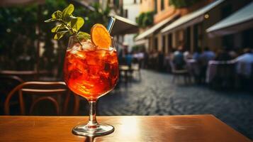 AI generated Generative AI, glass of Aperol Spritz on wooden table with blur background with lights of street bar, cafe or restaurant photo