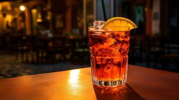 AI generated Generative AI, glass of Aperol Spritz on wooden table with blur background with lights of street bar, cafe or restaurant photo