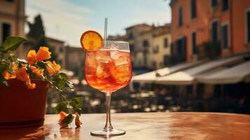 AI generated Generative AI, glass of Aperol Spritz on wooden table with blur background with lights of street bar, cafe or restaurant photo