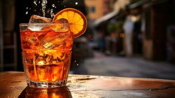 AI generated Generative AI, glass of Aperol Spritz on wooden table with blur background with lights of street bar, cafe or restaurant photo