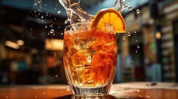 AI generated Generative AI, glass of Aperol Spritz on wooden table with blur background with lights of street bar, cafe or restaurant photo