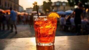 AI generated Generative AI, glass of Aperol Spritz on wooden table with blur background with lights of street bar, cafe or restaurant photo